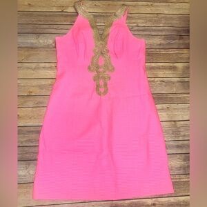 EUC Lilly Pulitzer Emery Dress Hot Neon Pink Pout Gold size 6 Classic Shift